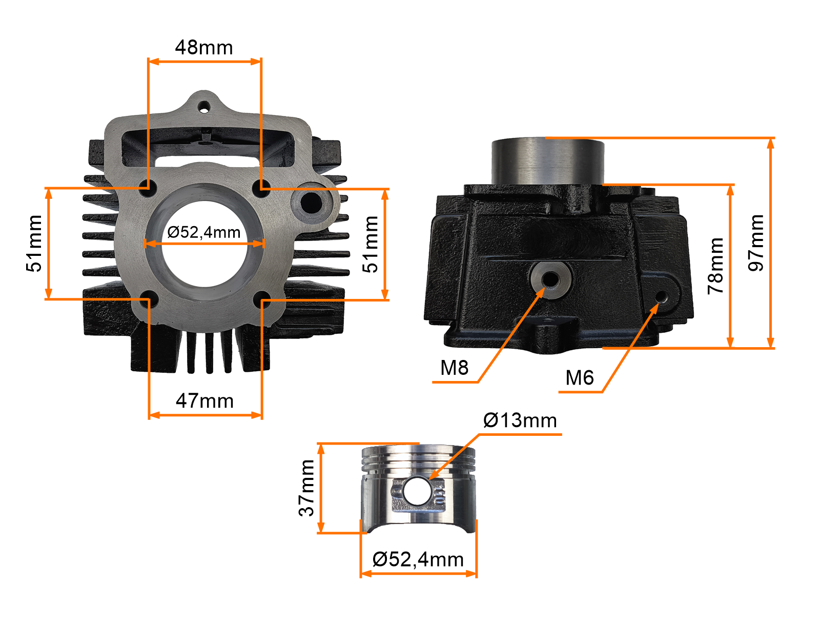 CYLINDER 4T ATV ZONGSHEN CROSS LIFAN 110CCM 125CCM (52,4mm) (sw.13mm) KPL. ŻELIWNY wysokość 97mm