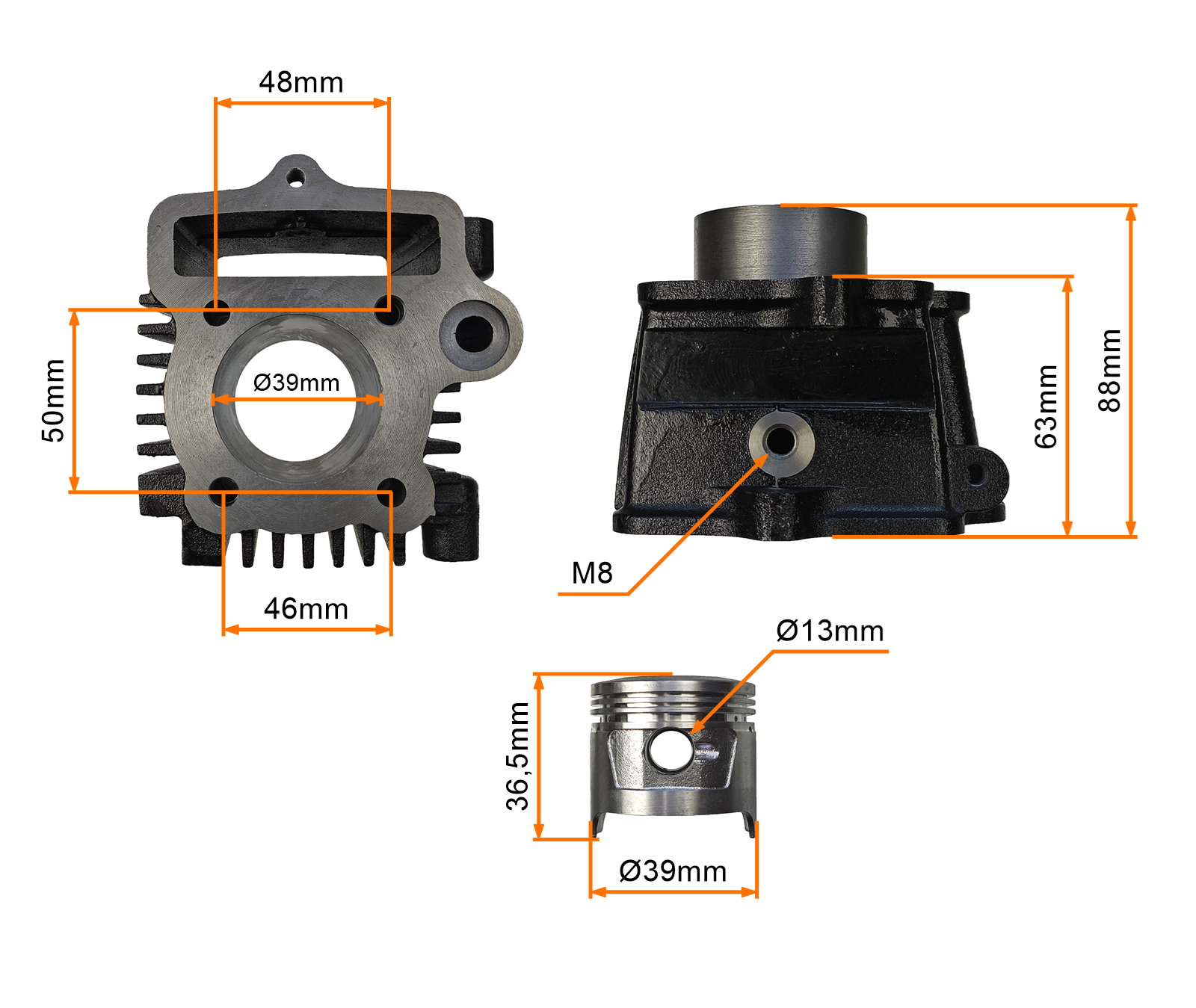 CYLINDER 4T 50CCM (39mm) (sw.13mm) KPL. MOTOROWER, MINICHOPER 139FMB